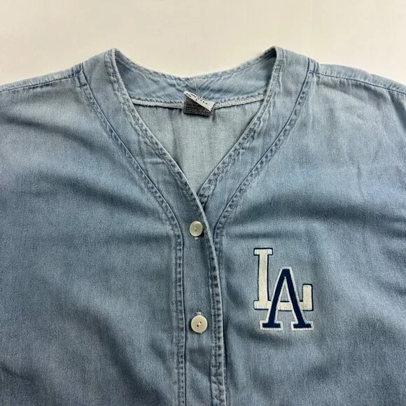 Bridge Sports Wear Vintage Light Wash Denim Chambray LA Dodgers Jersey L - Picture 2 of 9